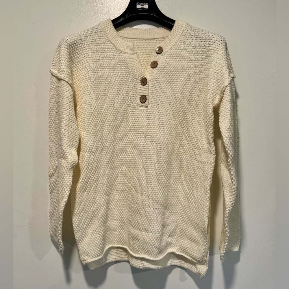 Cream V-Neck Knit Sweater with Buttons